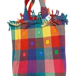 Mooncraft handmade NWT  button Red and Orange TasseledTote Bag lined flannel red